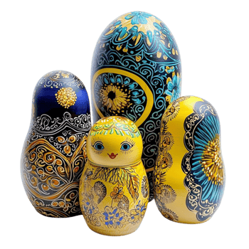 Beautifully designed blue and yellow nesting dolls with ornamental patterns png