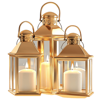 Set of three golden lanterns with glowing candles inside png