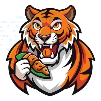 Ferocious Tiger Mascot Character Devouring Meat with Fierce Expression in Format for Car or Brand Identity vector