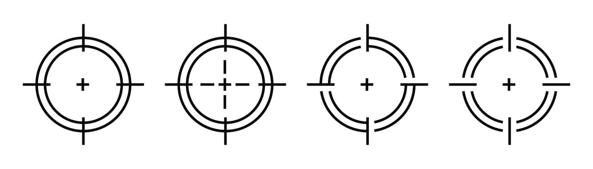Black aim icon collection. Sniper sight. Target line icon set. Editable width vector