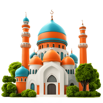 Stunning Ornate 3D Mosque with Intricate Domes and Minarets Surrounded by Lush Greenery png