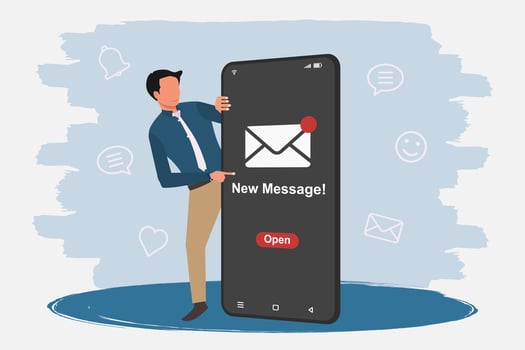 Businessman pointing to a smartphone screen that has a new message notification. vector