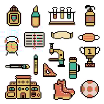 pixel art objects set school vector