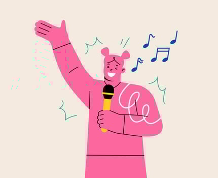 Young woman with microphone singing in karaoke. Colorful illustration vector