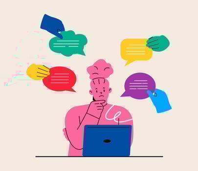 Female employee worried with bad comments at work. Job stress concept. Colorful illustration vector