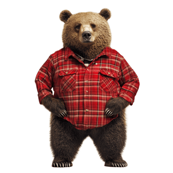 Anthropomorphic Bear Wearing Red Lumberjack Plaid Shirt on White Background png
