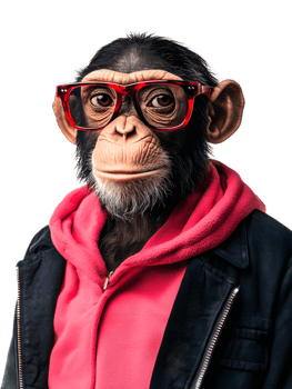 Stylish Chimpanzee in Vibrant Red Attire Posing Playfully in Studio Setting png