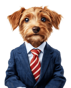 Confident and Focused Anthropomorphic Dog in a Business Suit and Tie Posing in a Professional Studio Portrait png