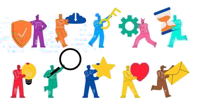 Set of people holding big objects or items. Collection of different people activities. Holding tools. illustration vector