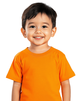 Cheerful Toddler Boy in Orange Shirt Smiling at in Studio png