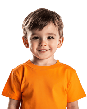 Cheerful Young Boy Smiling Brightly in Casual Orange Shirt png