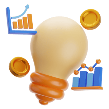 A light bulb with a graph and a coin. business idea 3d icon png