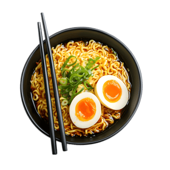 Delicious Bowl of Steaming Hot Ramen Noodles with Vegetables and Egg png
