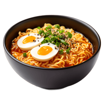 Savory Japanese Ramen Noodle Soup in a Bowl with Egg and Garnish png