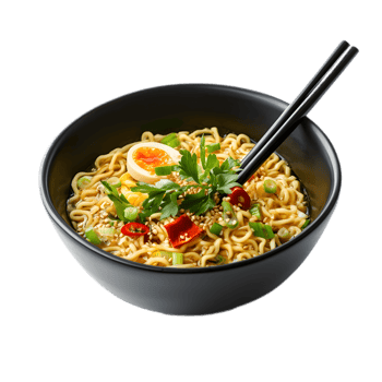 Steaming Bowl of Savory Ramen Noodles with Aromatic Veggies and Chopsticks png