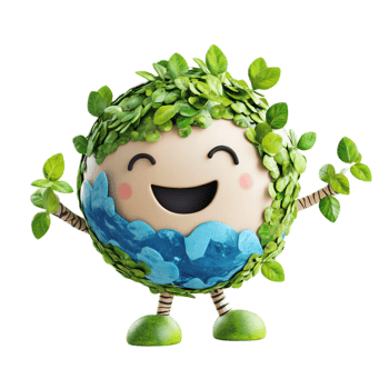 Cheerful Eco-Friendly Earth Cartoon Character with Leafy Headpiece and Joyful Expression png