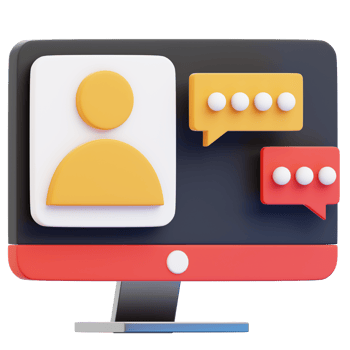 A computer screen with a chat bubble icon and a person png