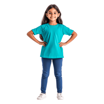Happy Child in Bright Turquoise T-Shirt and Jeans with Smiling Pose png
