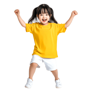 Happy Child Jumping with Joy in Bright Yellow T-Shirt and Shorts png