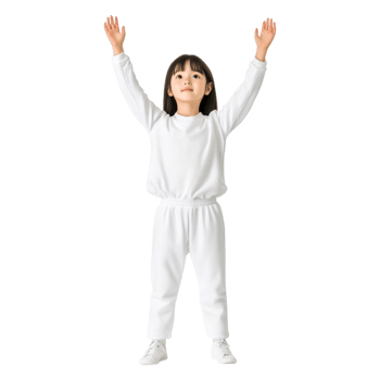 Happy Child Celebrating with Arms Raised in White Athletic Outfit png
