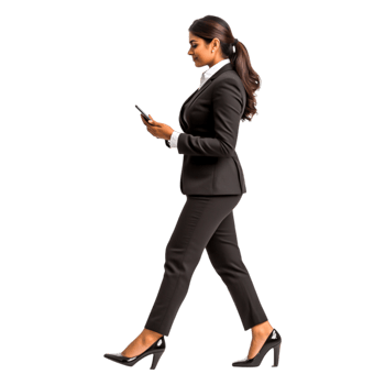 Businesswoman Walking with Smartphone in Modern Stylish Outfit png