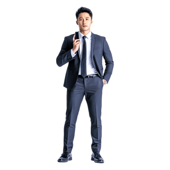Confident Businessman Standing with Finger Raised in Formal Attire png