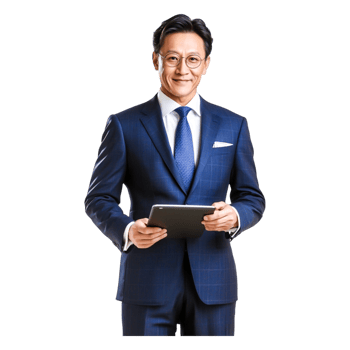 Confident Professional Man Holding Tablet in Business Suit Smiling png