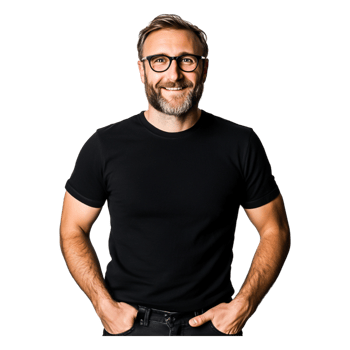 Smiling Man with Glasses Posing in Casual Black Shirt png