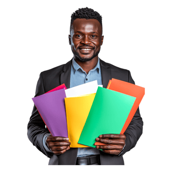 Businessman Holding Colorful Folders in a Professional Setting png