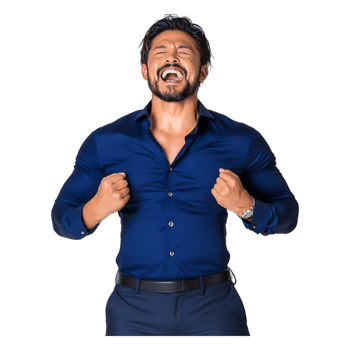 Joyful man celebrating with hands raised and bright smile in studio png