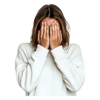 Young Woman Hiding Face with Hands in Soft White Sweater png