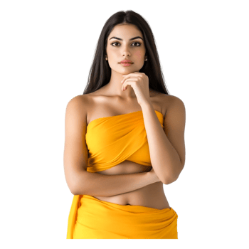 Young Woman in Yellow Wrap Dress Posing Confidently with Grace png