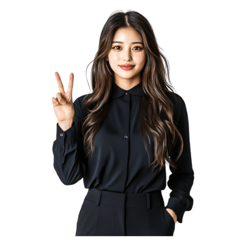 Young woman in black outfit showing victory gesture with smile png
