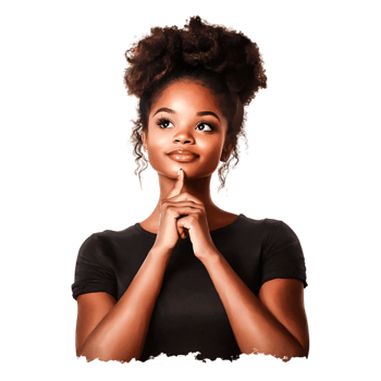 Thoughtful young woman with curly hair contemplating her next move png
