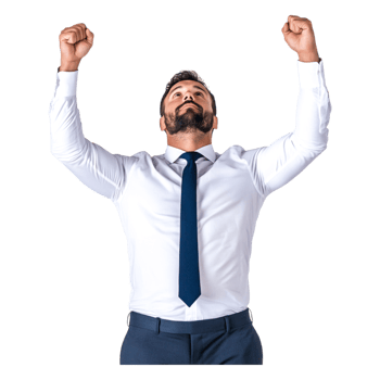 Businessman Celebrating Success with Raised Arms in White Shirt png