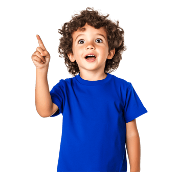 Happy child with curly hair pointing upwards in blue t-shirt png