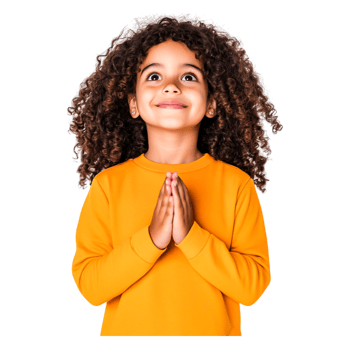 Young girl with curly hair in orange sweater looking hopeful and joyful png