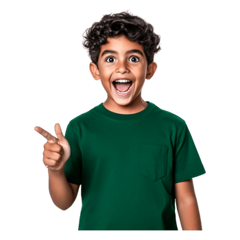 Excited young boy with curly hair pointing and smiling brightly png