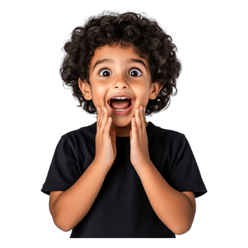 Excited young boy with curly hair expressing surprise and joy png