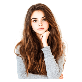 Young Woman with Long Hair in Casual Sweater Posing Thoughtfully png