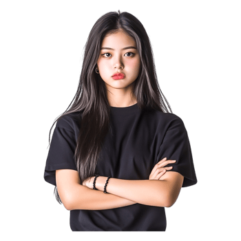 Young Woman with Long Hair Expressing Confidence in a Black Shirt png