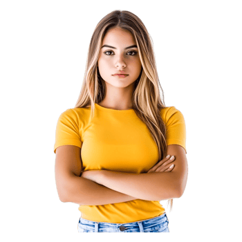 Confident young woman with long hair wearing yellow shirt and jeans png