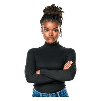 Confident Young Woman with Natural Hair in Black Turtleneck Sweater png