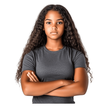 Confident Girl with Curly Hair Wearing Gray T-Shirt and Serious Expression png