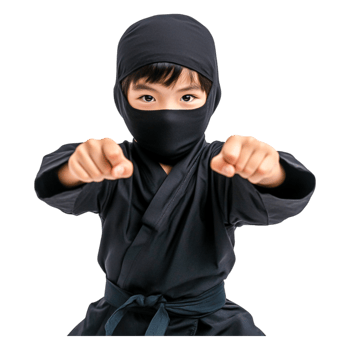 Young Boy Dressed as Ninja in Action Pose Isolated on png