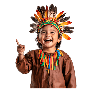 Joyful Indigenous Child with Feathered Headdress and Colorful Outfit png