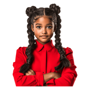 Confident Girl with Braided Hair in Bright Red Shirt Posing Boldly png