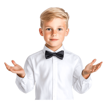 Young Boy in Formal Attire Offering Open-Handed Gesture Smiling png
