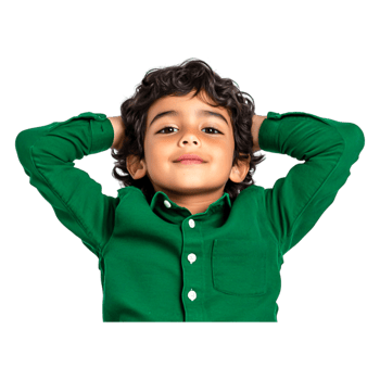 Happy young boy relaxing with hands behind head in green shirt png