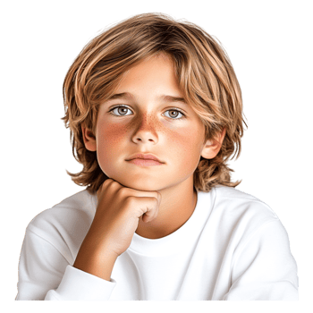Thoughtful Young Boy with Freckles and Blonde Hair in Portrait Style png